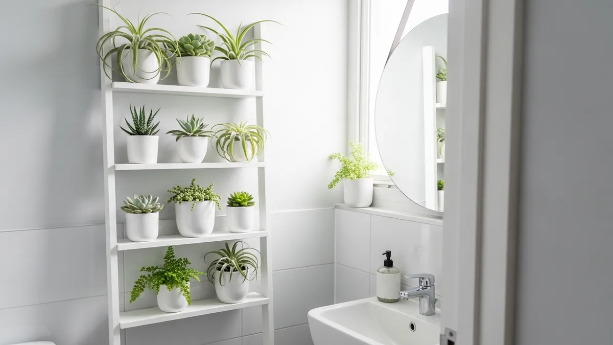Vertical ladder wall shelf with small succulents and air plants perfect for indoor plant display in small spaces