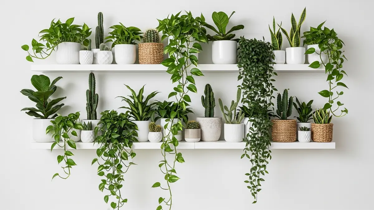 Well-styled indoor plant wall shelf arrangement with trailing plants, leafy greens, and cacti in mixed pot textures