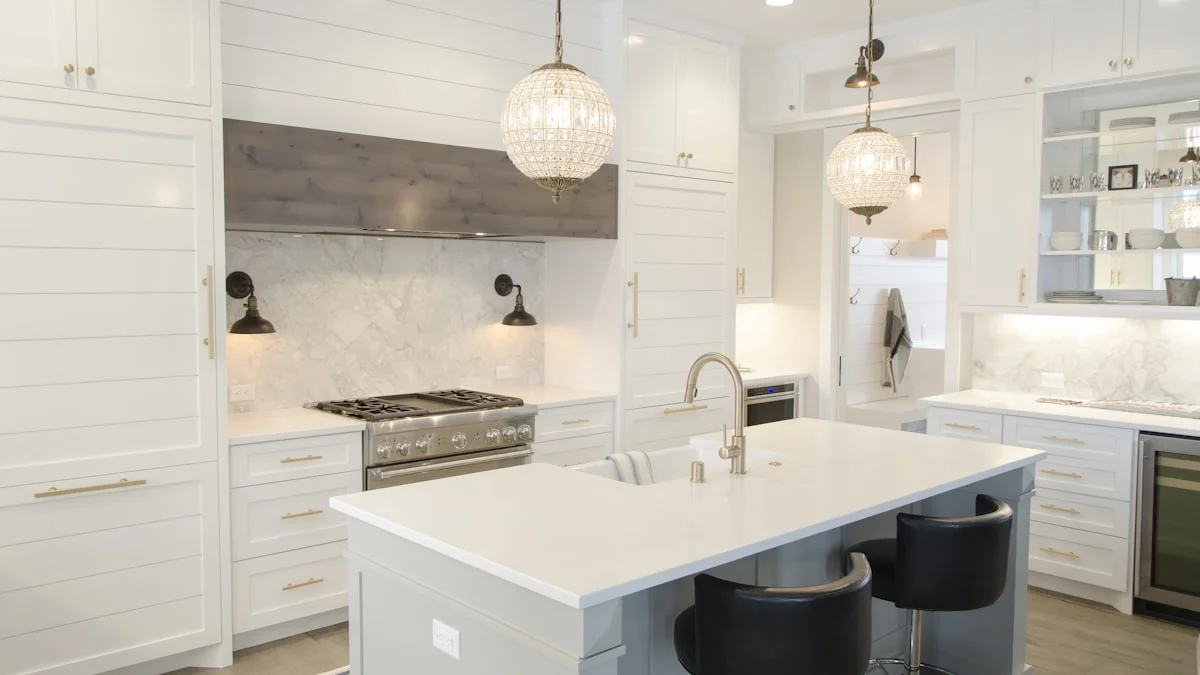 Minimalist kitchen with natural color palette - wood, sage green, and terracotta