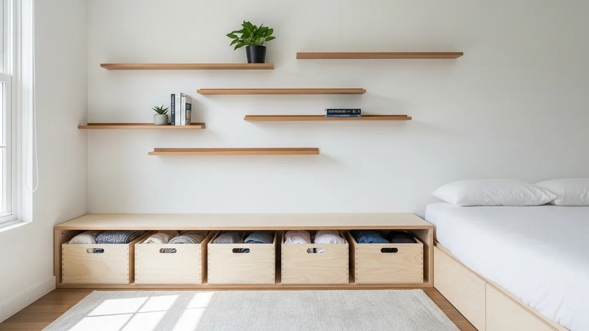 Minimalist bedroom storage solutions with under-bed boxes and floating shelves