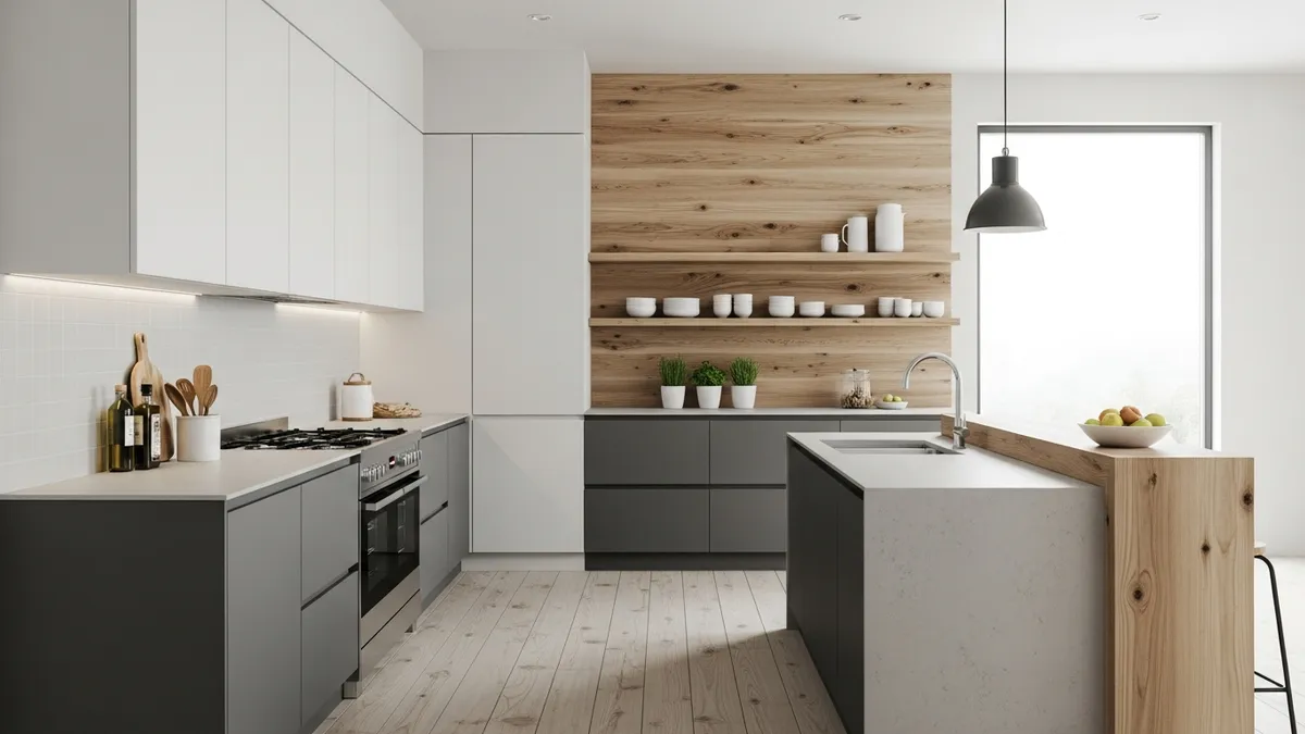 Minimalist kitchen set color inspiration with white-gray tones and natural wood accents