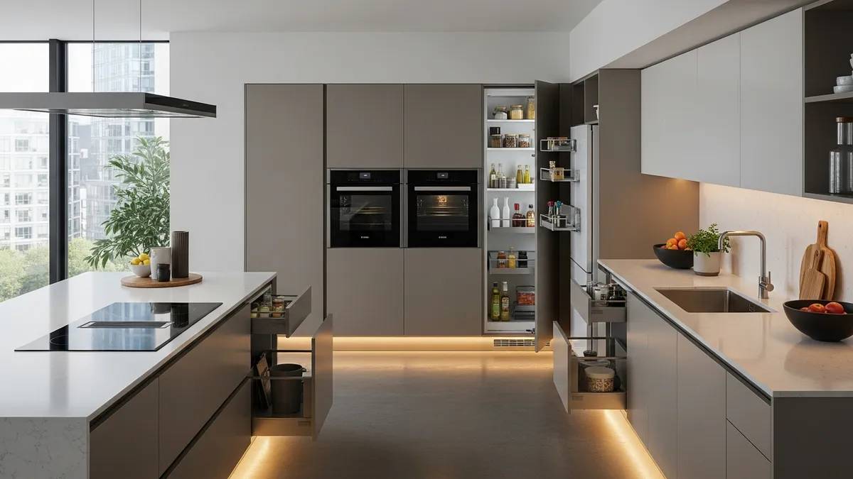 2026 minimalist kitchen set trend with handleless cabinets and integrated appliances