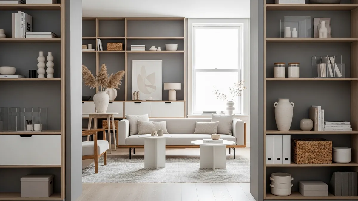 Modern home interior design with organized storage solutions and minimalist decor