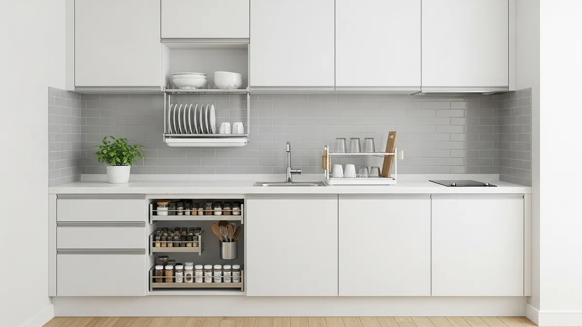 Smart kitchen organization with multiple dish rack storage solutions