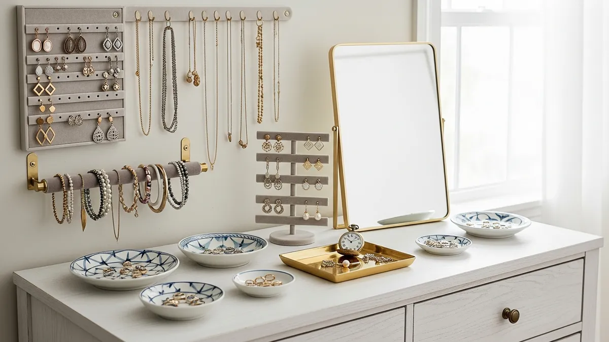 Beautifully organized jewelry collection on a bedroom vanity with wall-mounted jewelry organizer and ring dishes