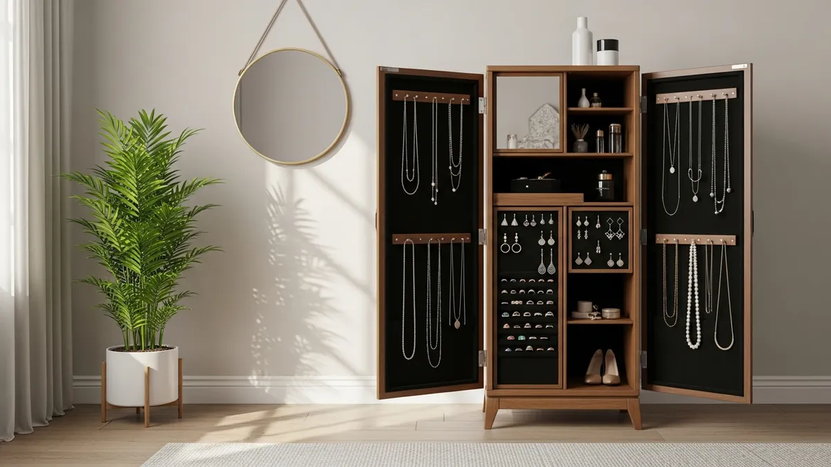 Freestanding jewelry armoire open displaying organized necklaces, earrings, and rings in a modern bedroom