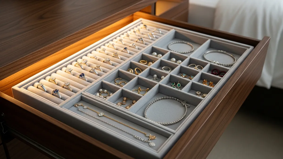 Velvet-lined drawer insert organizing rings, earrings, and bracelets