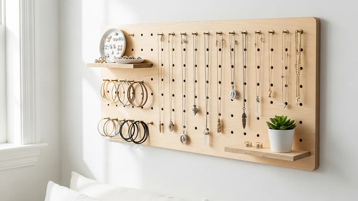 Wall-mounted pegboard jewelry organizer with necklace hooks and small shelves in a bright bedroom