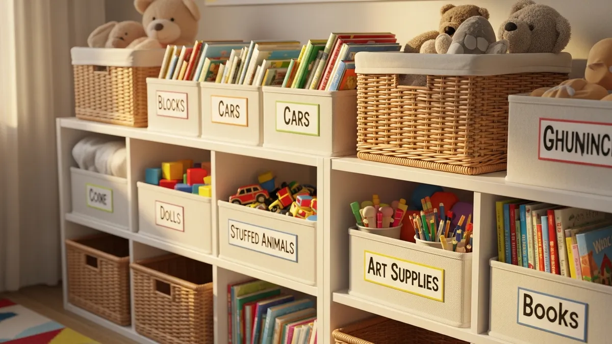 Labeled fabric storage bins and baskets on low shelves in a kids room for toy organization