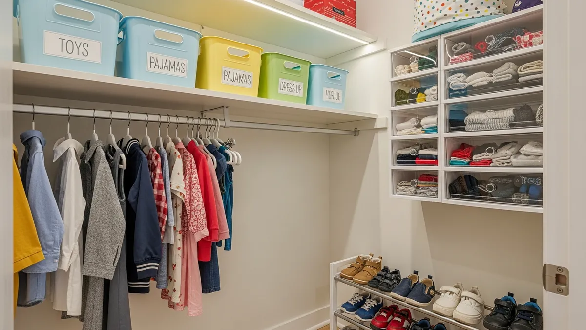 Organized kids bedroom closet with double hanging rod, labeled bins, and shoe rack
