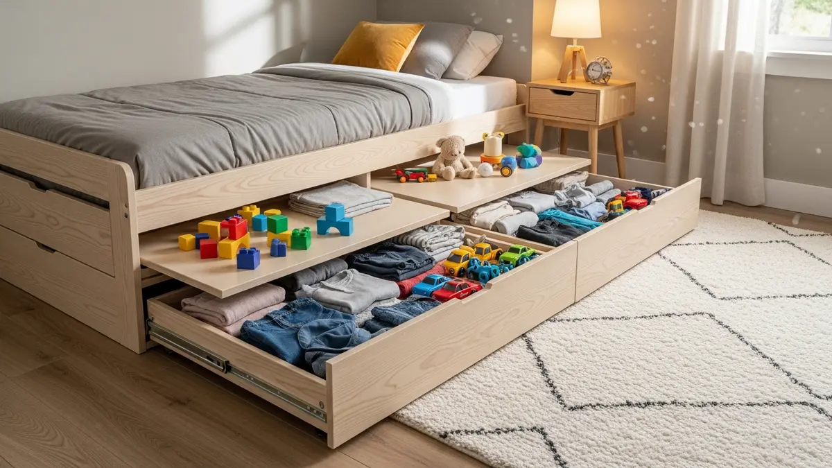 Under-bed rolling storage drawers in a kids bedroom to maximize floor space
