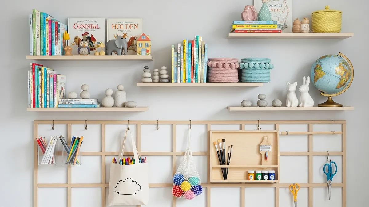 Floating wall shelves and pegboard for kids bedroom storage and display