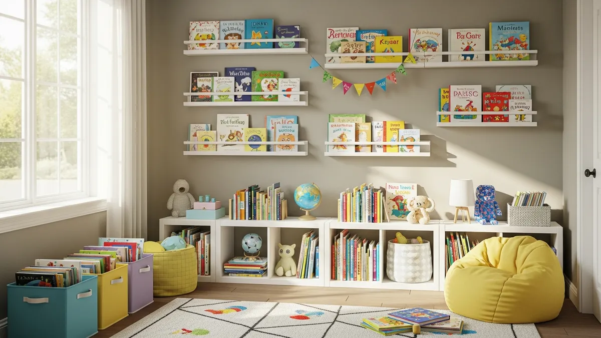 Creative kids book storage ideas with colorful open shelves and book ledges in a bright children's bedroom