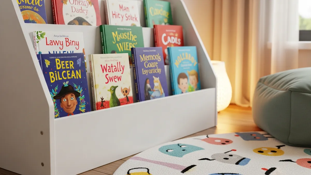 Forward-facing kids bookshelf at child height displaying picture books with covers visible