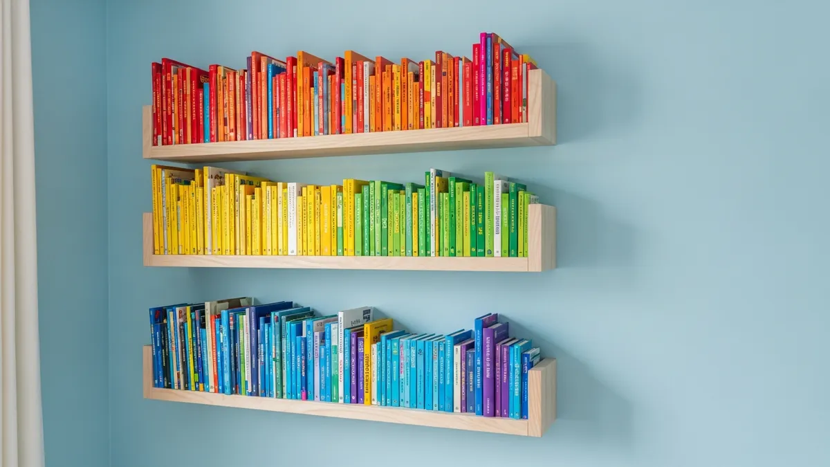 Wall-mounted floating book ledges for kids organized by color in a modern children's room
