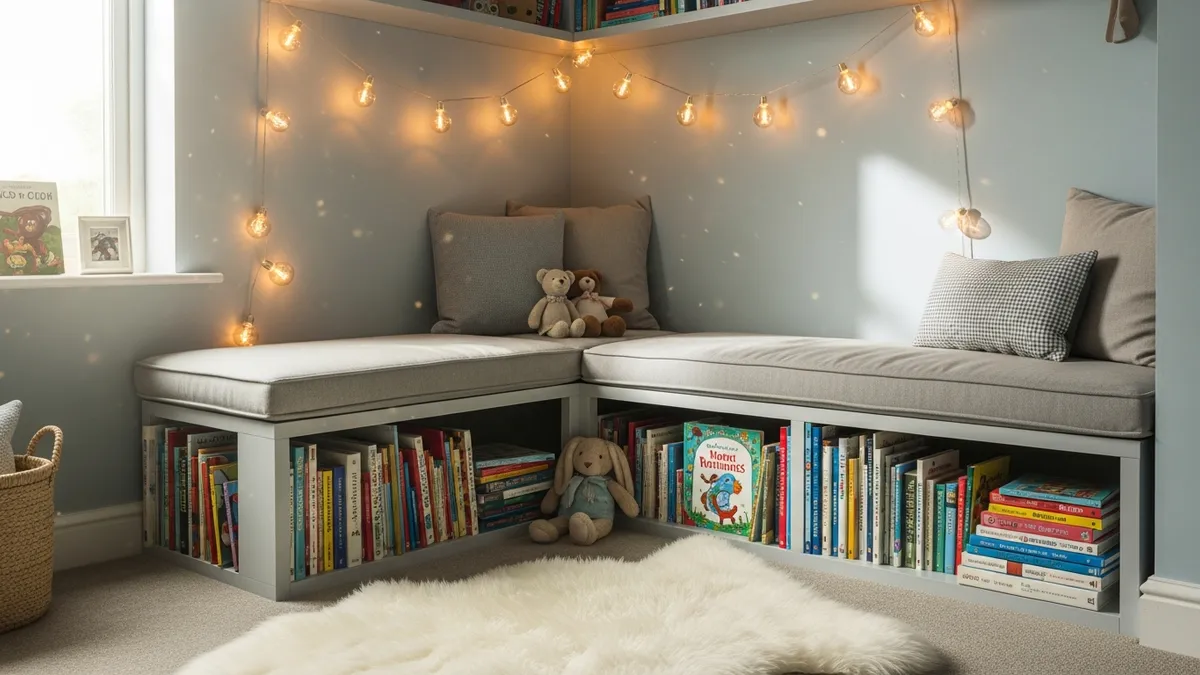 Cozy kids reading nook with built-in bookshelves and cushioned bench seat