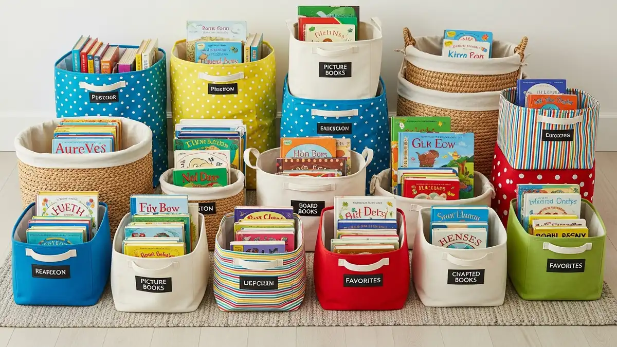 Fabric bins and wicker baskets used as kids book storage in a colorful playroom