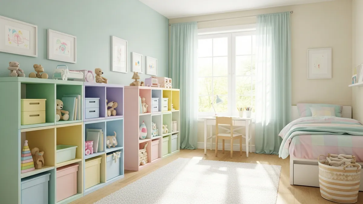 Bright and colorful kids room with organized shelves, storage bins, and toy storage ideas