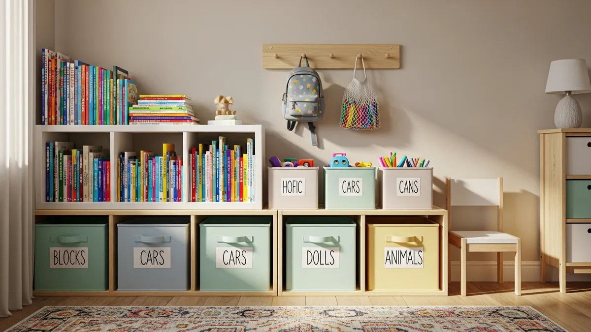Labeled fabric storage bins and low shelves as kids room organization ideas for toddlers