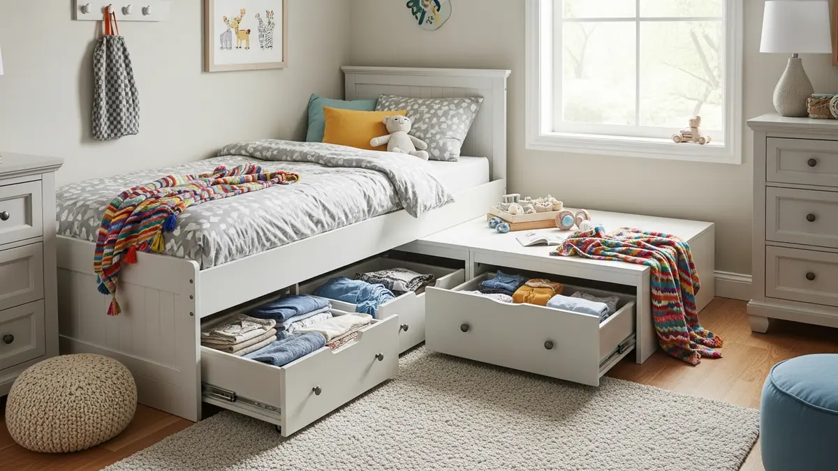 Under-bed rolling storage drawers for kids room organization in a small bedroom