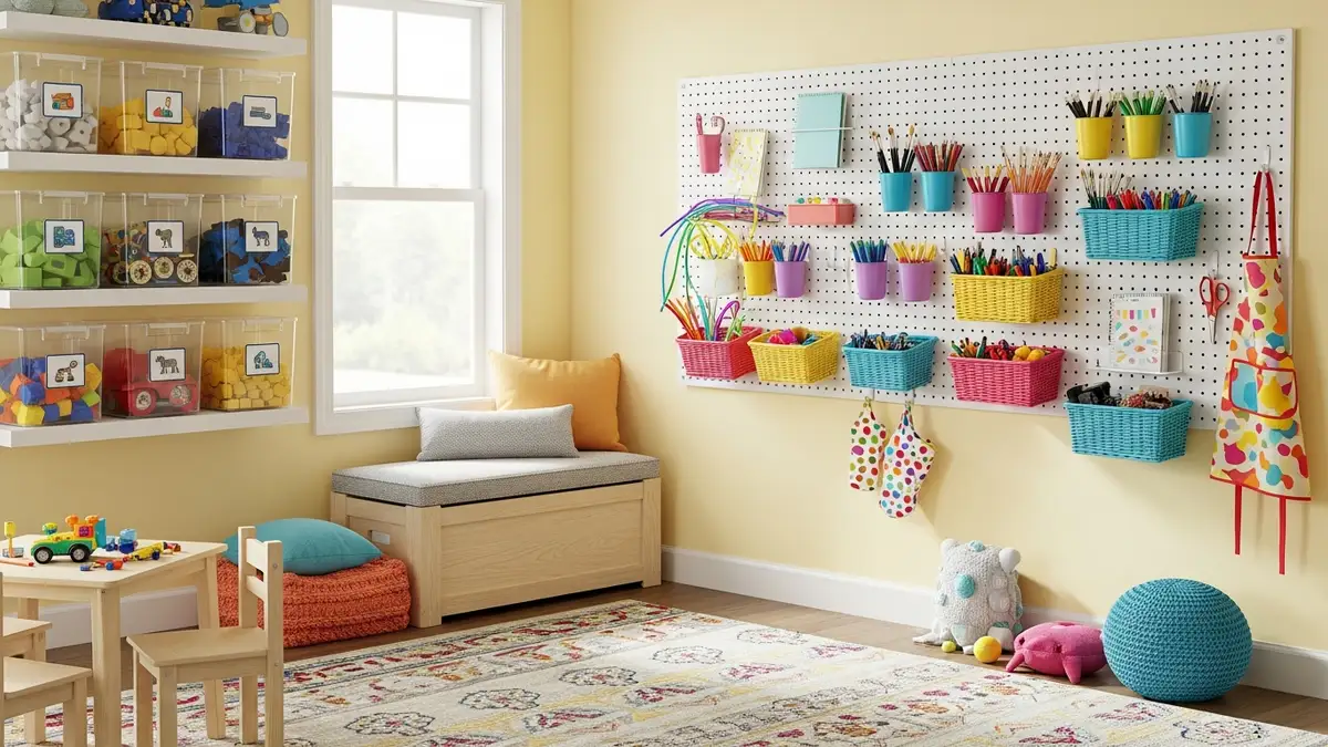 Pegboard wall organizer and labeled clear bins as creative kids room organization ideas