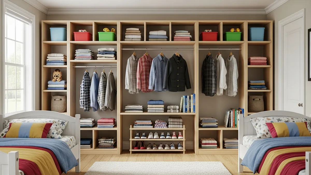 Built-in wardrobe cubby organizer for kids room closet organization ideas in a shared bedroom