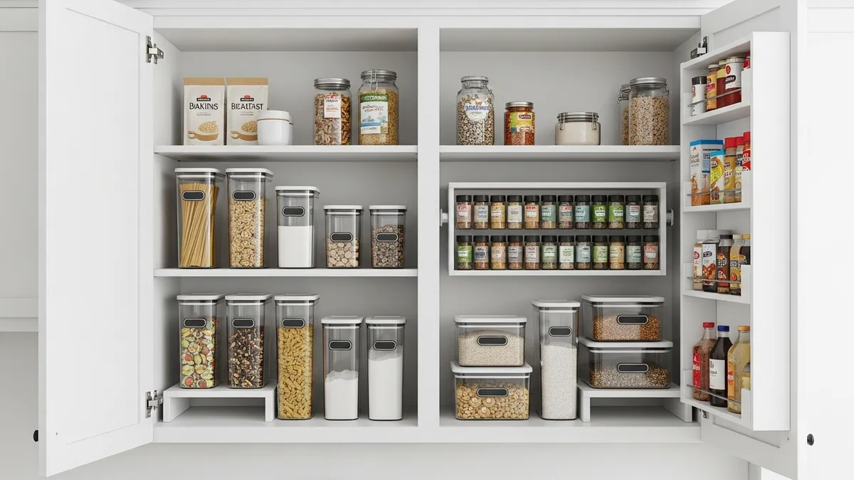 Kitchen cabinet interior with tiered shelf risers, clear containers, and spice rack inserts for maximum organization
