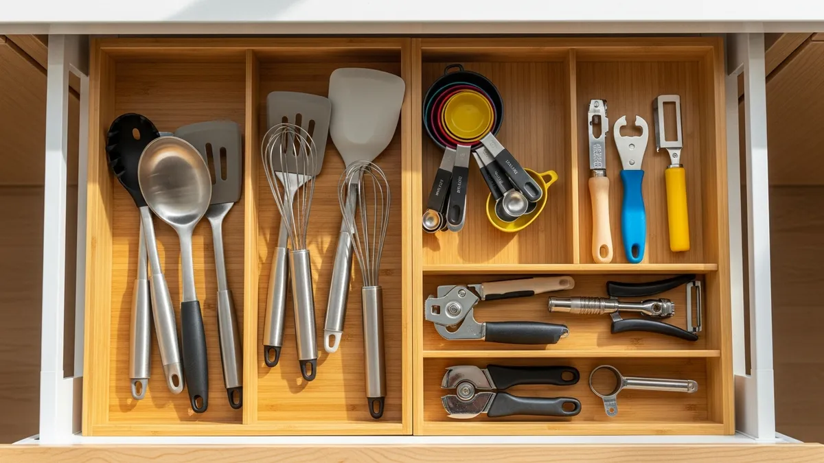 Kitchen drawer with bamboo dividers organizing utensils and small tools for efficient cabinet organization