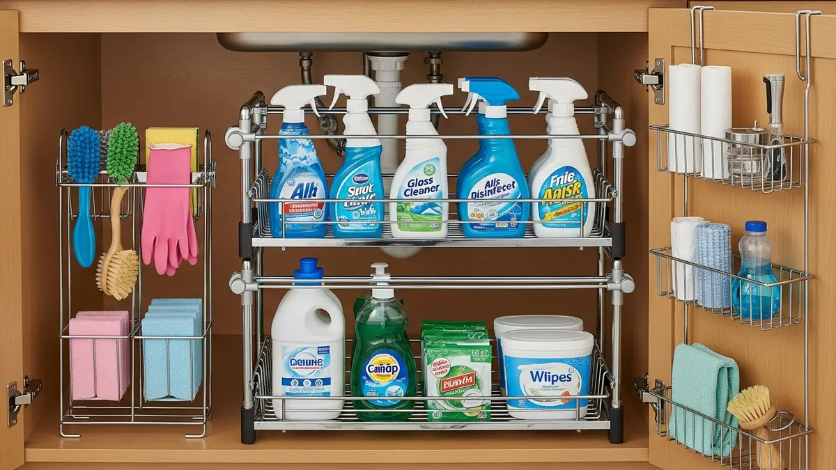 Under-sink kitchen cabinet organized with pull-out bins, tension rods, and door-mounted wire baskets