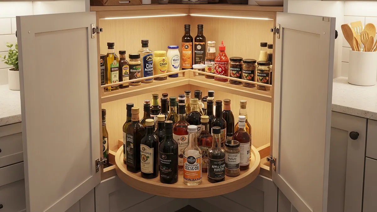 Corner kitchen cabinet with a lazy Susan turntable holding oils and condiments for easy access
