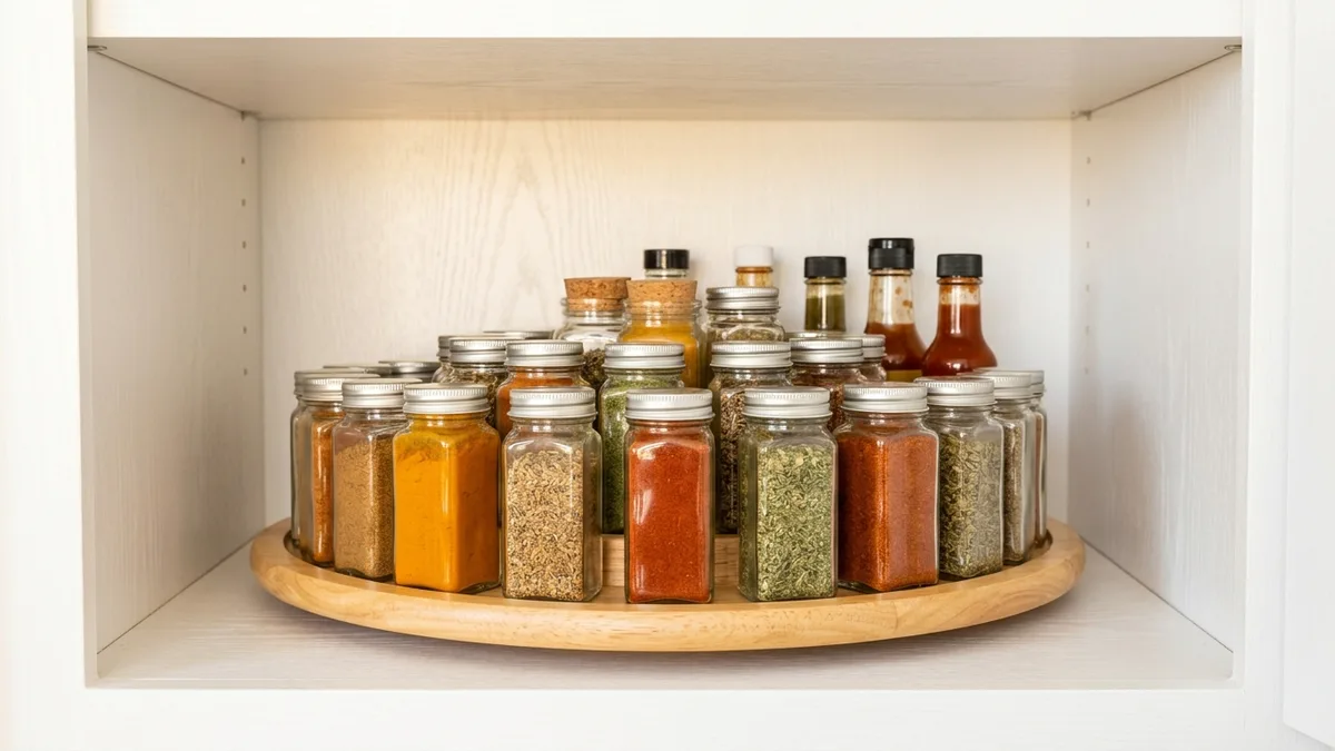 Upper kitchen cabinet interior with a turntable lazy susan holding spice jars and condiments