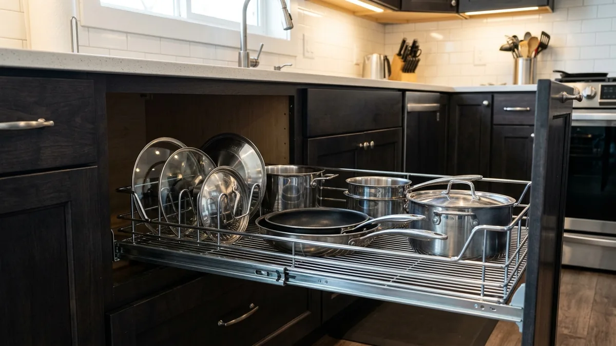 Lower kitchen cabinet with pull-out wire baskets holding pots pans and upright pan lid organizer