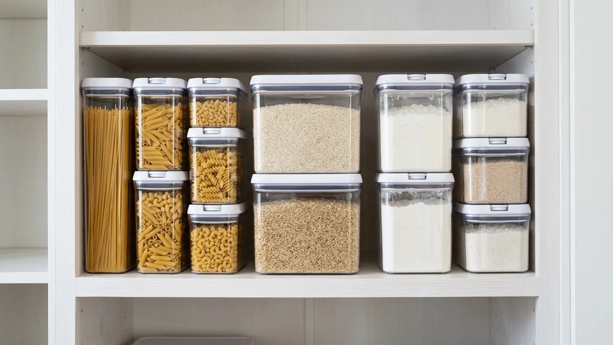 Kitchen cabinet shelf with clear stackable airtight containers holding dry goods like pasta rice and flour