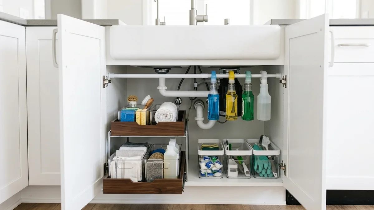 Under sink kitchen cabinet with tension rod hanging spray bottles and small bins for cleaning supplies