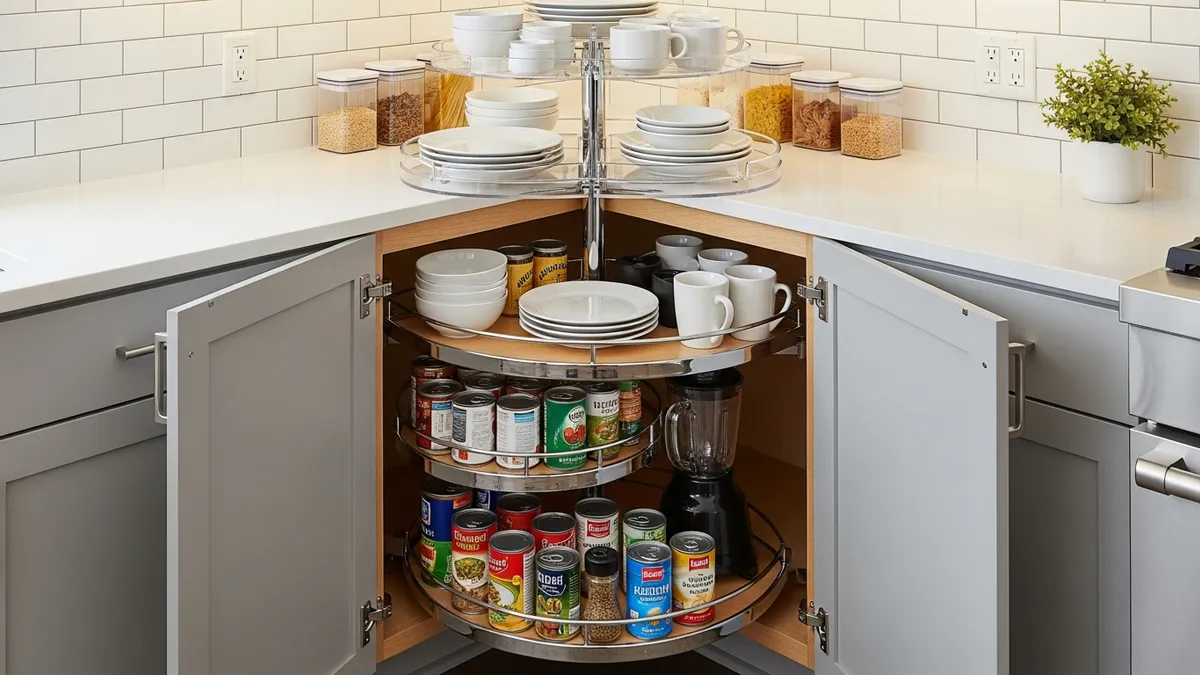 Corner kitchen cabinet organizer solutions with lazy Susan and tiered storage