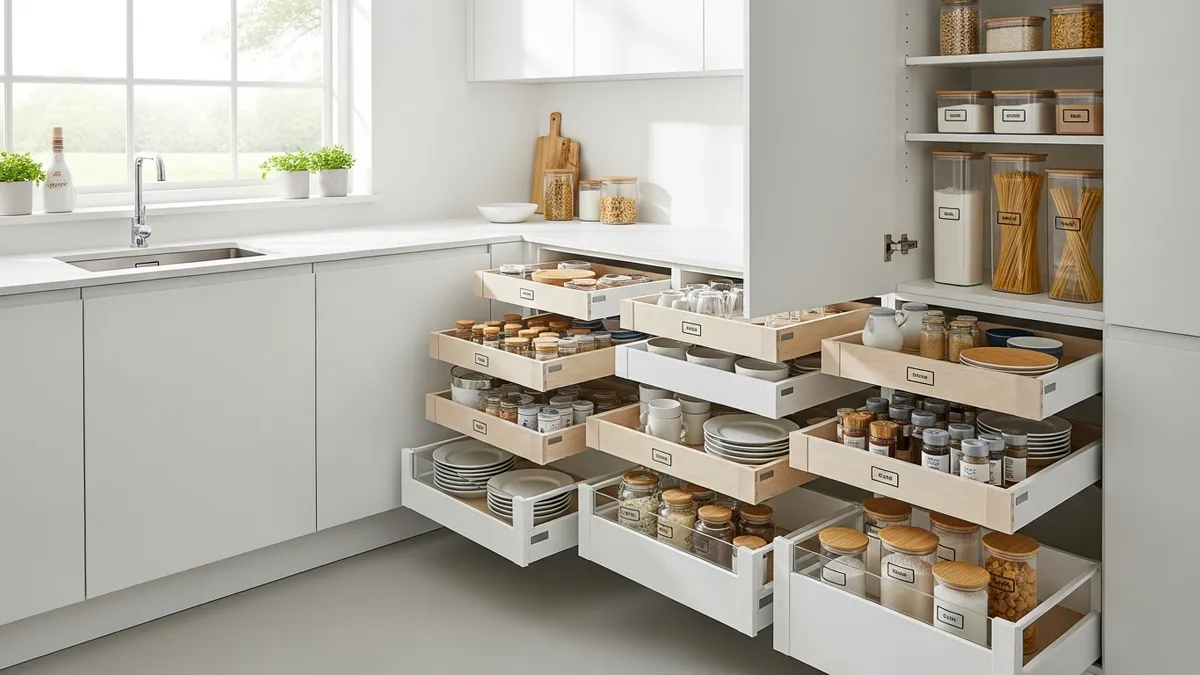 Modern kitchen cabinet organizer ideas showcasing pull-out drawers and tiered storage solutions