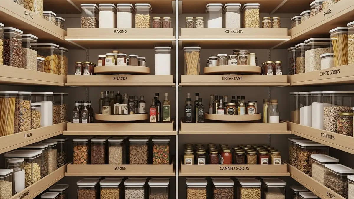 Organized pantry cabinet with clear containers and rotating storage solutions