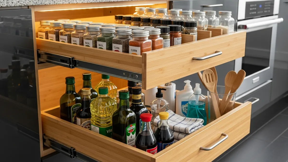 Pull-out kitchen cabinet organizers with sliding drawer storage system