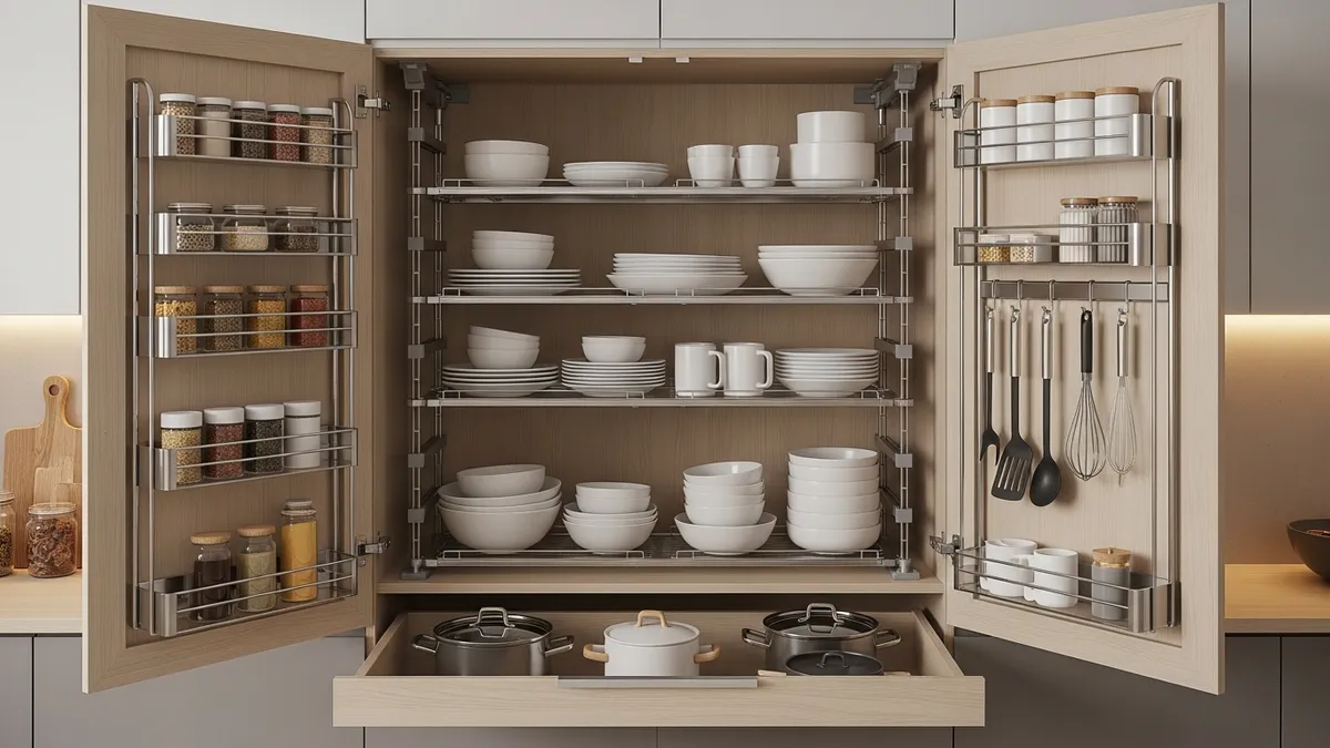 Vertical kitchen cabinet storage ideas with stackable organizers and door storage