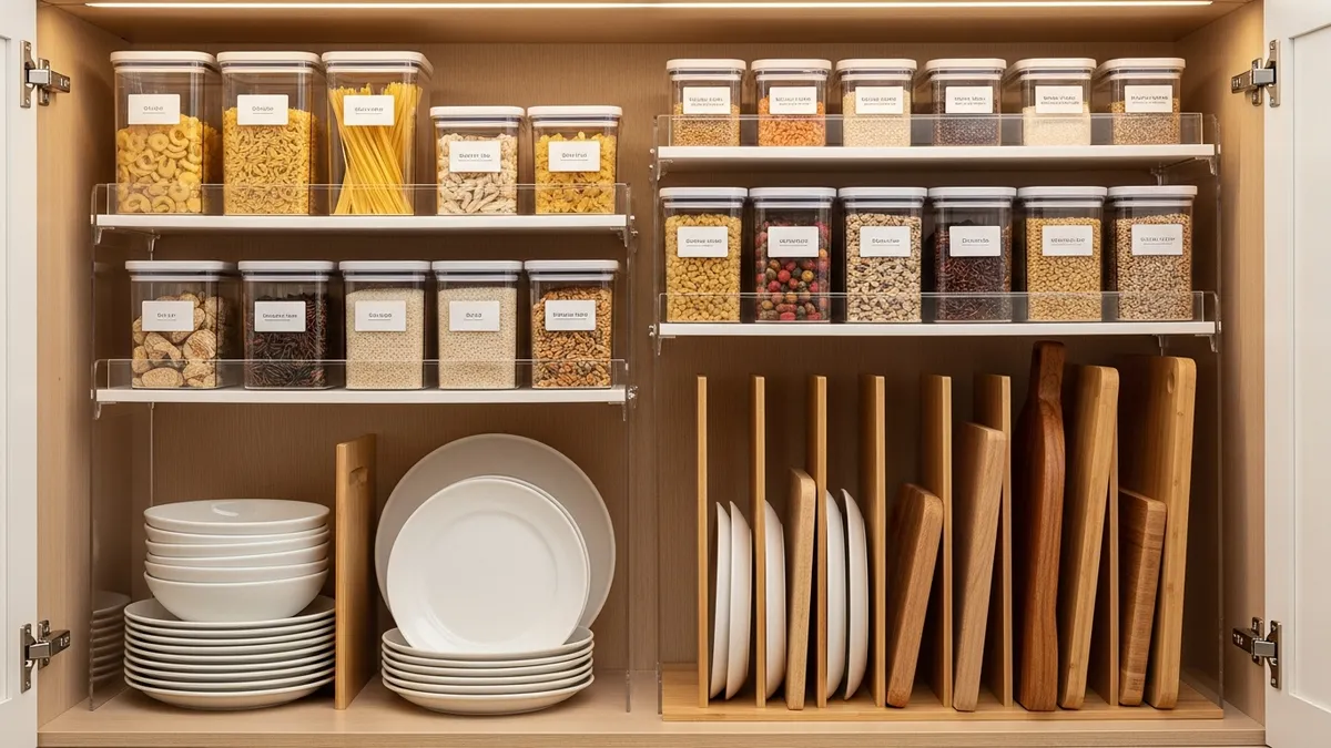 Kitchen cabinet interior with tiered organizers and clear storage containers