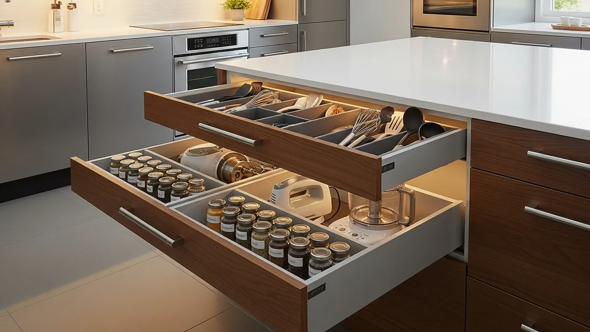 Pull-out cabinet drawers with compartmentalized kitchen storage organization