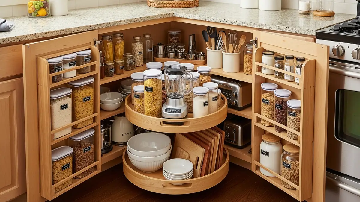 Corner kitchen cabinet with lazy susan organizer for maximum storage efficiency