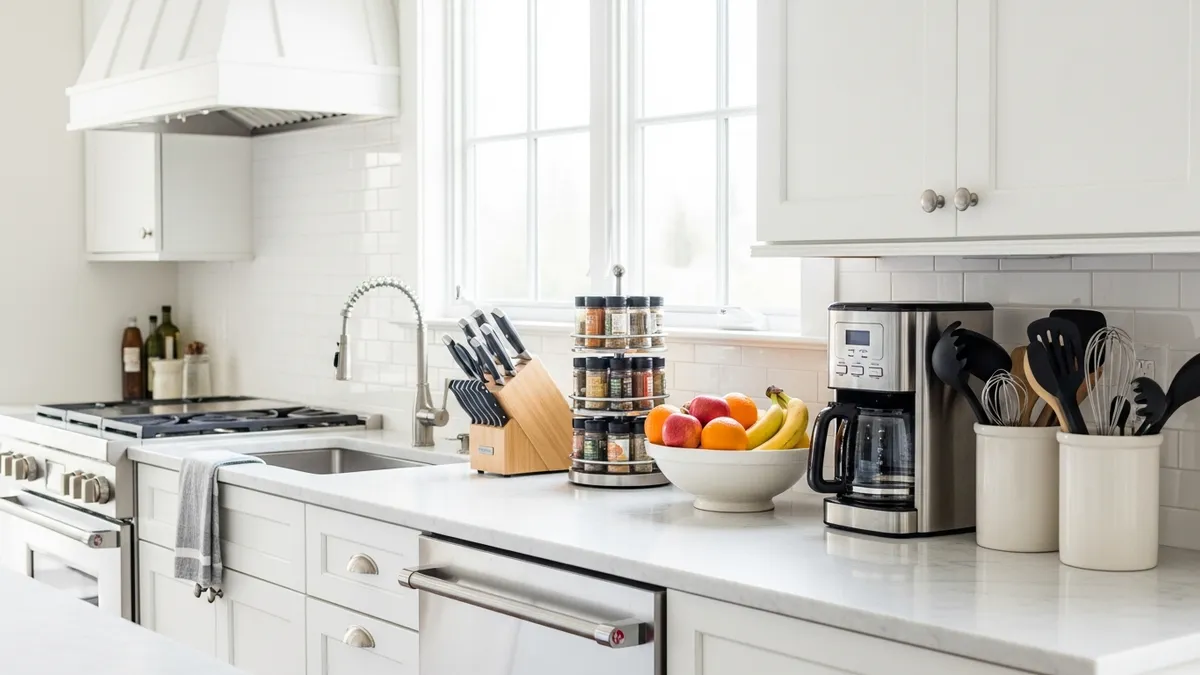 Beautifully organized kitchen counter with spice rack, utensil holder, and coffee station in a modern American home