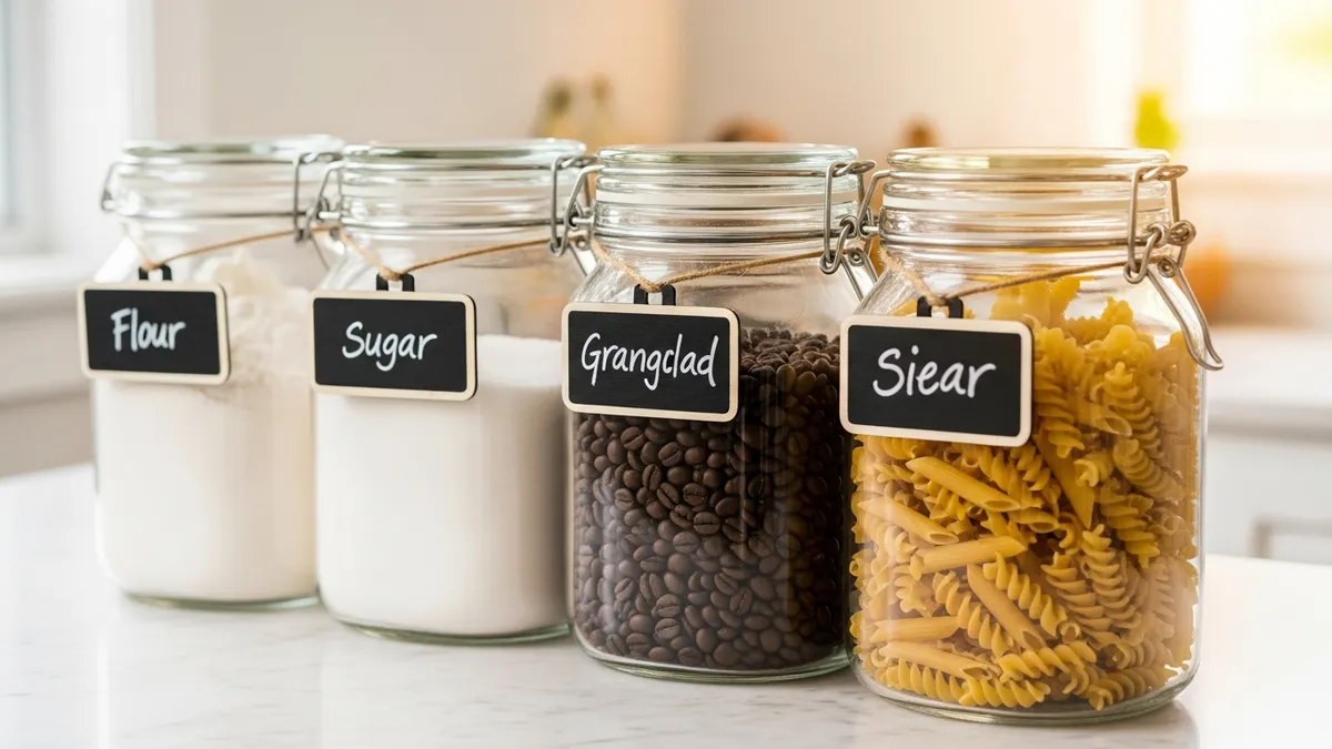 Matching labeled airtight glass canisters on a kitchen countertop for organized dry goods storage
