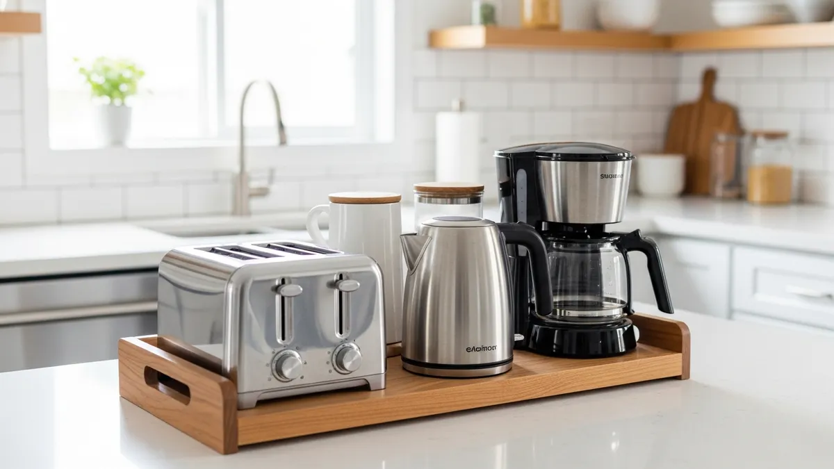 Small kitchen appliances neatly organized on a wooden caddy on the kitchen counter