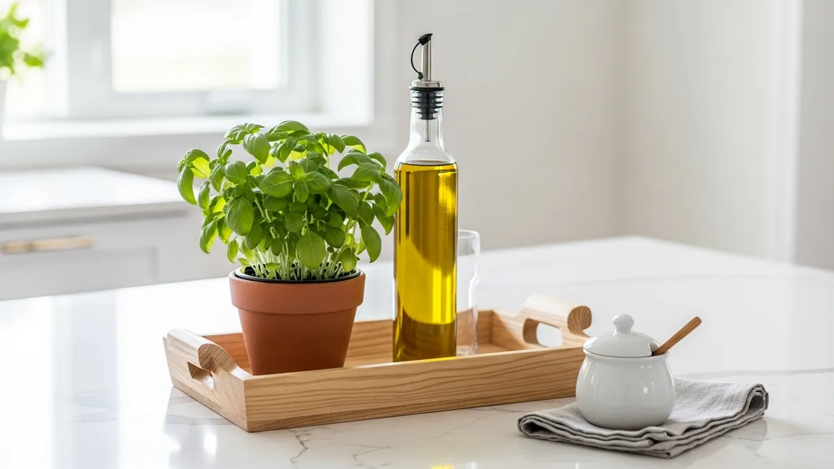 Decorative tray on kitchen counter used to corral cooking essentials like olive oil, salt, and a herb plant