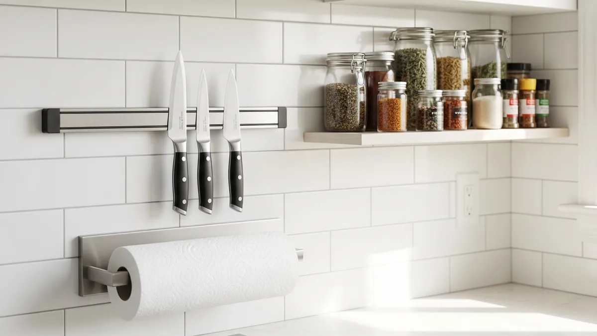 Vertical kitchen counter organization with wall-mounted knife strip and spice shelf above the countertop
