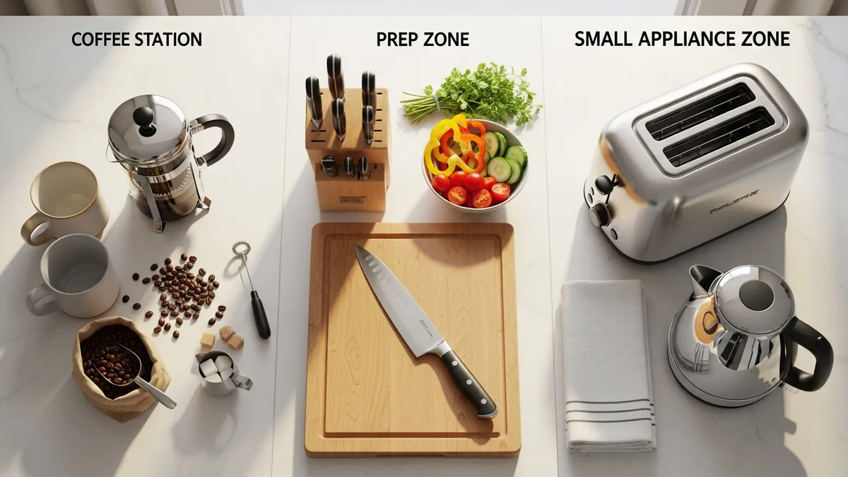 Kitchen counter divided into functional zones including coffee station and prep area for better organization