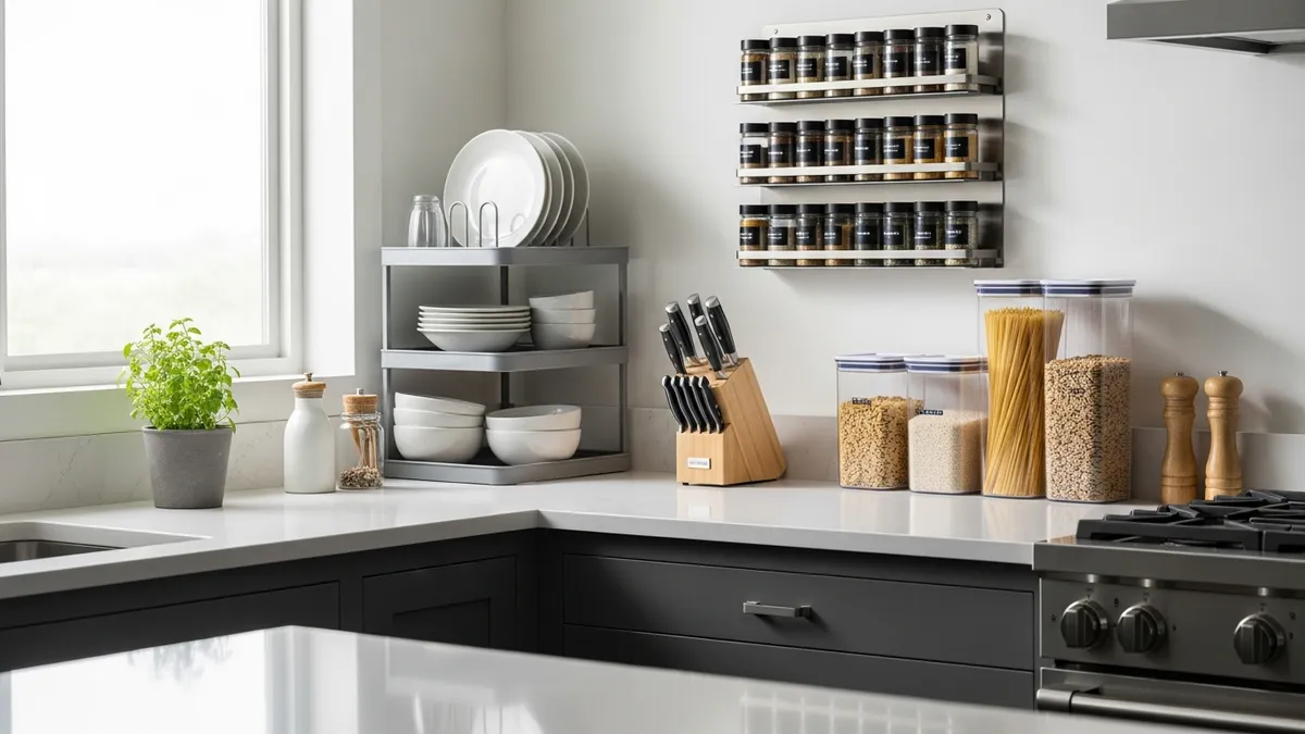 Kitchen counter organizer ideas showing organized cooking space with storage solutions