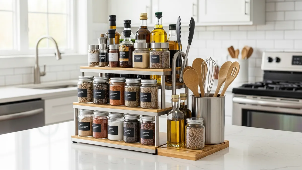 Tiered kitchen counter organizer maximizing vertical storage space